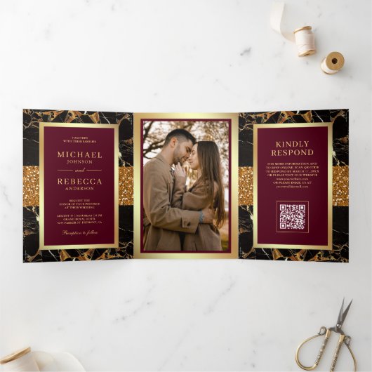 Faire-part de mariage avec code QR en marbre rouge (Intérieur)