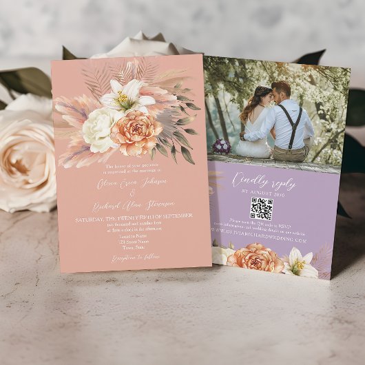 Faire-part de mariage avec code QR floral pêche et