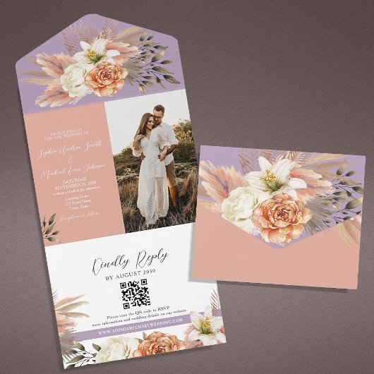 Faire-part de mariage avec code QR floral violet e
