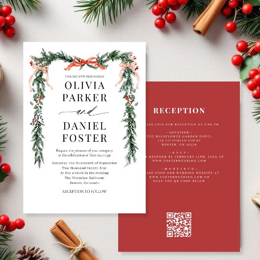 Faire-part de mariage avec code QR Noël à ruban de