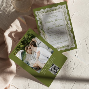 Faire-part de mariage avec code QR photo vert oliv