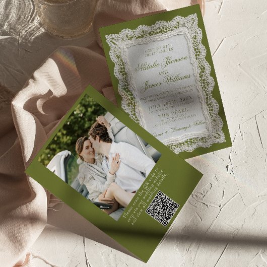 Faire-part de mariage avec code QR photo vert oliv