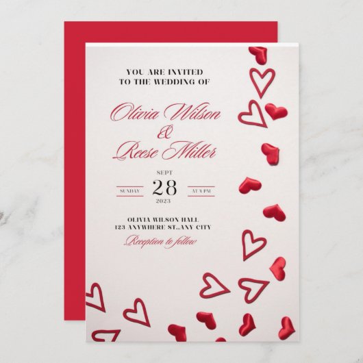 Faire-part de mariage avec des cœurs rouges amour  (Devant / Derrière)