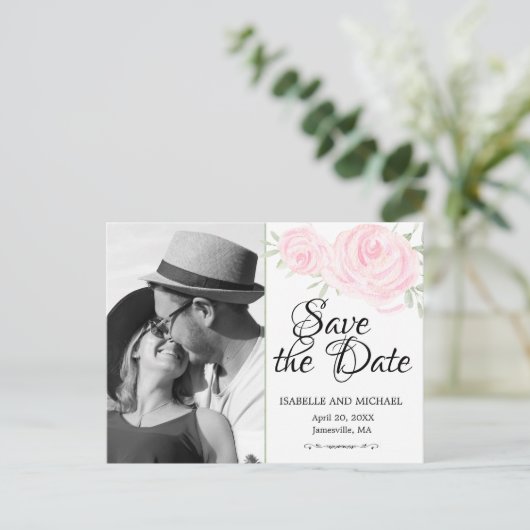 Faire-part de mariage avec des roses aquarelles ro (Debout devant)