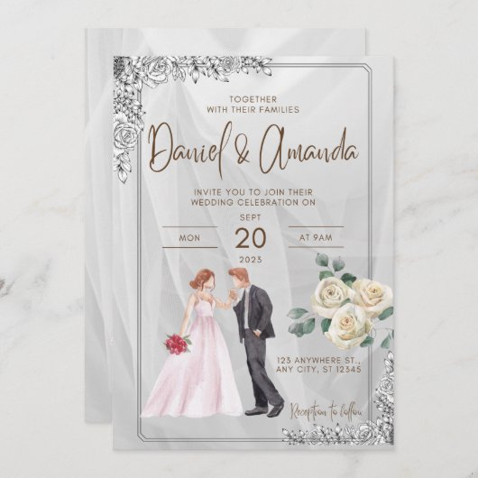 faire-part de mariage avec deux graphismes et rose (Devant / Derrière)