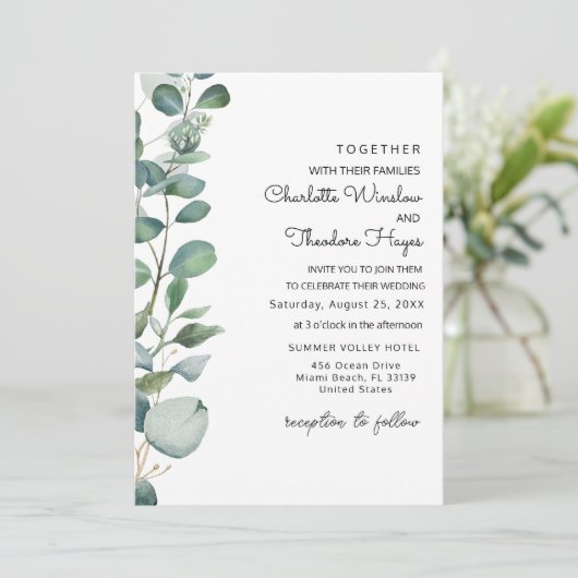 Faire-part de mariage avec eucalyptus de jardin et (Debout devant)