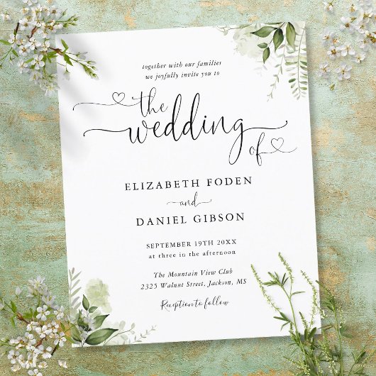 Faire-part de mariage avec feuilles vertes de budg