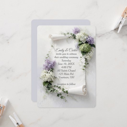 Faire-part de mariage avec lilas et hydrangeas  (Devant/Arrière en situation)