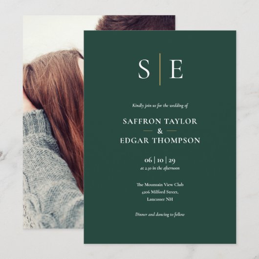 Faire-Part de Mariage avec Monogramme Photo Vert É (Devant / Derrière)