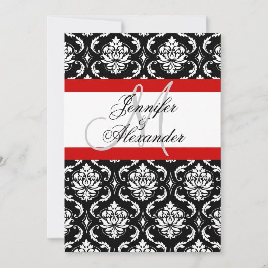 Faire-part de mariage avec monogramme rouge damass (Devant)