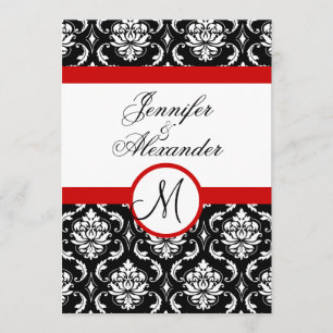 Faire-part de mariage avec monogramme rouge damass
