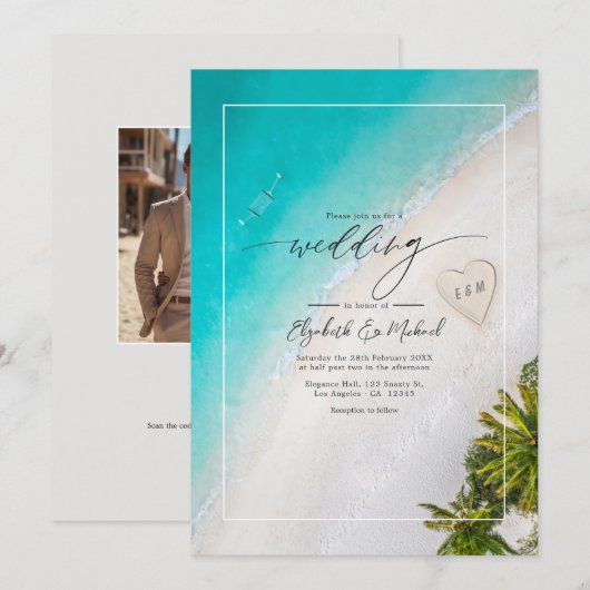 Faire-part de mariage avec monogramme sur la plage (Devant / Derrière)