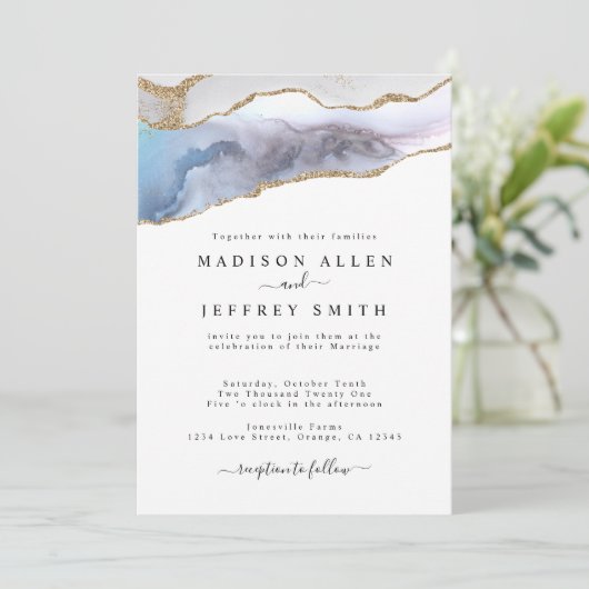 Faire-part de mariage avec paillettes dorées et pi (Debout devant)