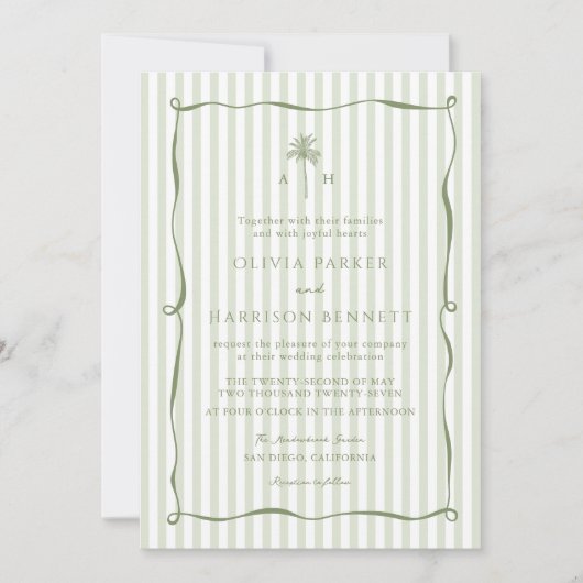 Faire-part de mariage avec palmier à rayures vert (Devant)