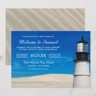 Faire-part de mariage avec phare et sable blanc de