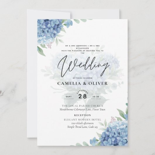 Faire-part de mariage avec photo de l'hortensia bl (Devant)