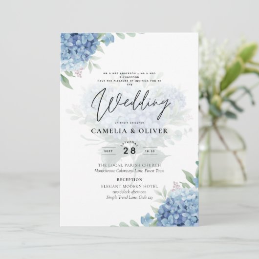 Faire-part de mariage avec photo de l'hortensia bl (Debout devant)