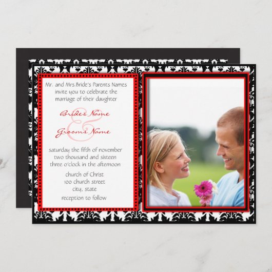Faire-part de mariage avec photo en damassé noir e (Devant / Derrière)