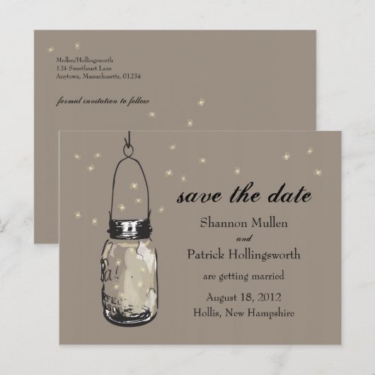 Faire-part de mariage avec pot Mason et lucioles (Devant / Derrière)