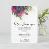 Faire-part de mariage avec rose foncé et fleurs bl (Debout devant)