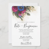 Faire-part de mariage avec rose foncé et fleurs bl (Devant)