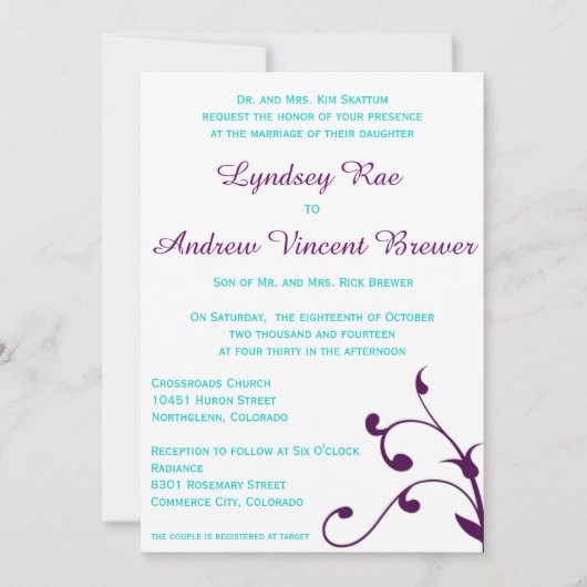 Faire-part de mariage avec Turquoise et Violet (Devant)