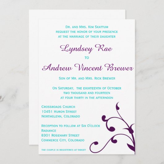 Faire-part de mariage avec Turquoise et Violet (Devant / Derrière)