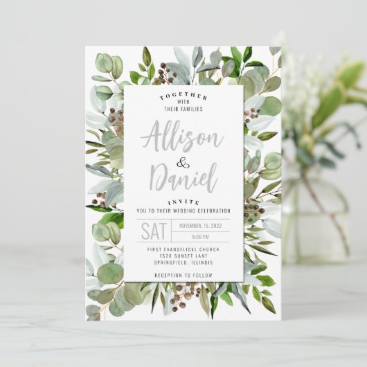 Faire-part de mariage avec verdure moderne Eucalyp (Debout devant)