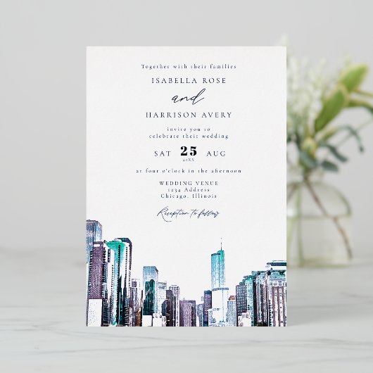 Faire-part de mariage avec vue sur Chicago à l'aqu (Debout devant)