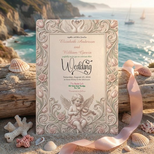 Faire-part de mariage baroque avec cygne et chérub