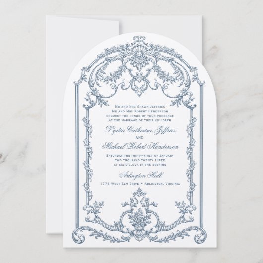Faire-part de mariage baroque d'ornement bleu fran (Devant)