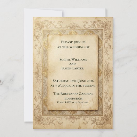Faire-part de mariage baroque en or antique (Devant)