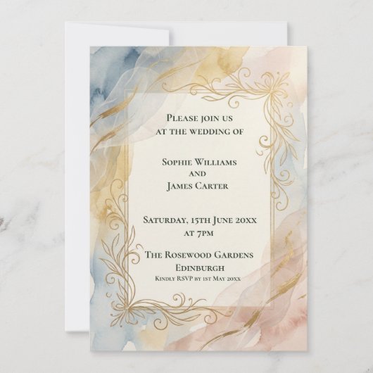 Faire-part de mariage baroque or pastel (Devant)