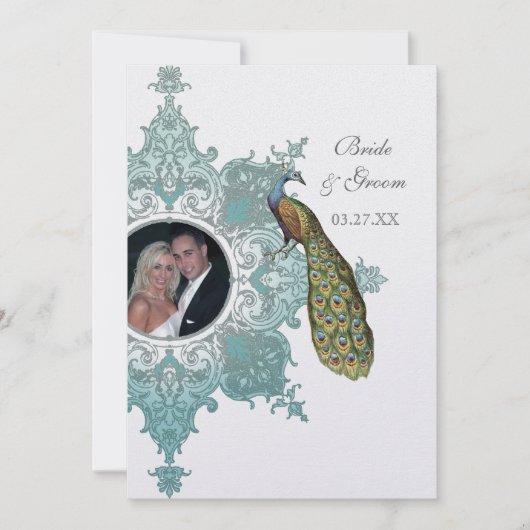 Faire-part de mariage baroque Peacock - Aqua Blue (Devant)