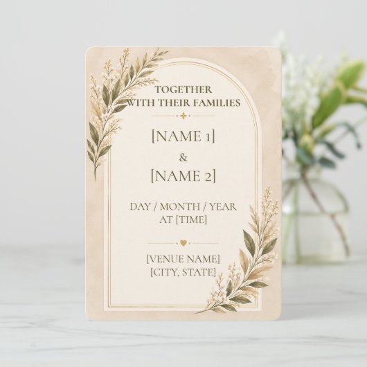 Faire-part de mariage beige arche moderne (Debout devant)