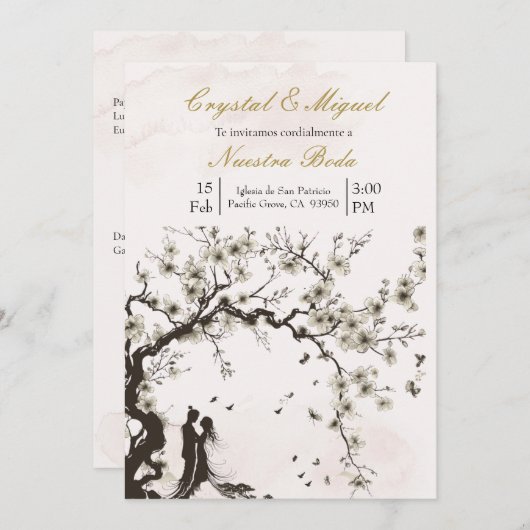 Faire-part de mariage beige noir et blanc (Devant / Derrière)