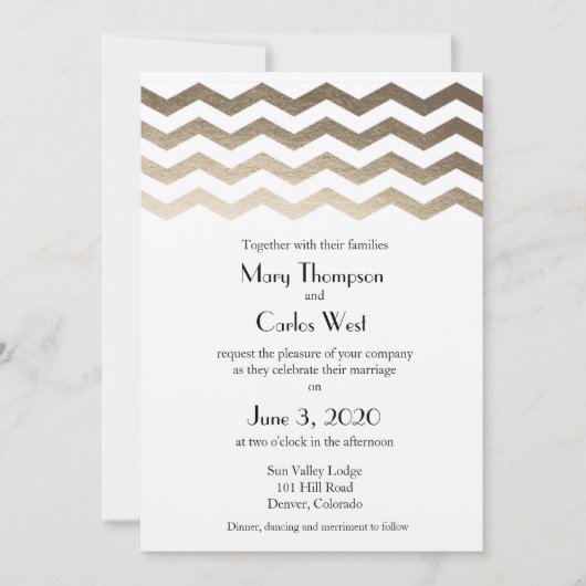 Faire-part de mariage bilingue d'Ecru Chevron d'or (Devant)