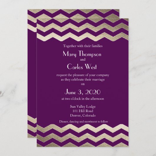 Faire-part de mariage Bilingue Gold Shimmer Chevro (Devant / Derrière)