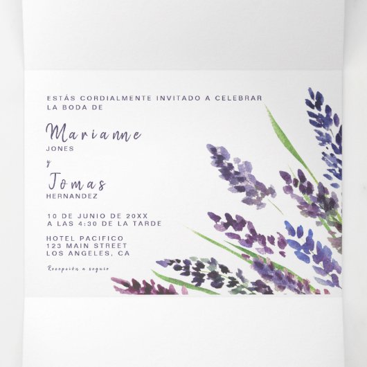 Faire-part de mariage bilingue - Lavande tout en u (Intérieur au milieu)