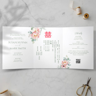 Faire-part de mariage bilingue paon chinois (VERT)