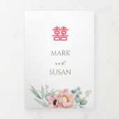 Faire-part de mariage bilingue paon chinois (VERT) (Page de couverture)