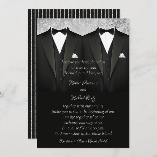 Faire-part de mariage Black and Silver Gay Tuxedo (Devant / Derrière)