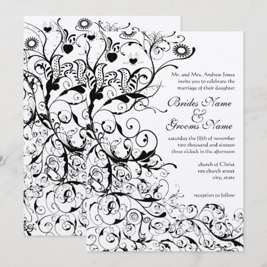 Faire-part de mariage Black Birds & Swirls (Devant / Derrière)