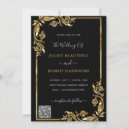 Faire-part de mariage Black Gold encadré avec code (Devant)