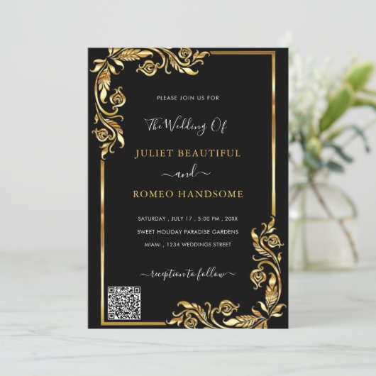 Faire-part de mariage Black Gold encadré avec code (Debout devant)