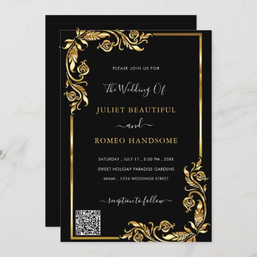 Faire-part de mariage Black Gold encadré avec code (Devant / Derrière)