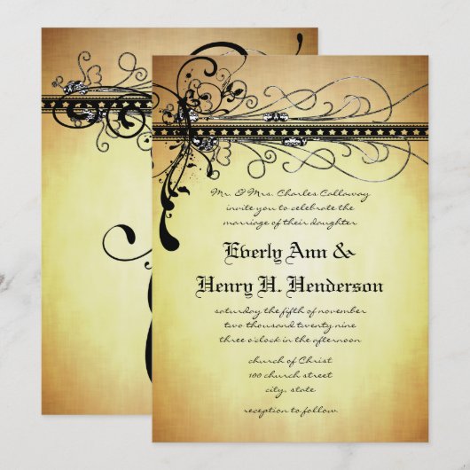 Faire-part de mariage Black Rustic Medieval Swirls (Devant / Derrière)
