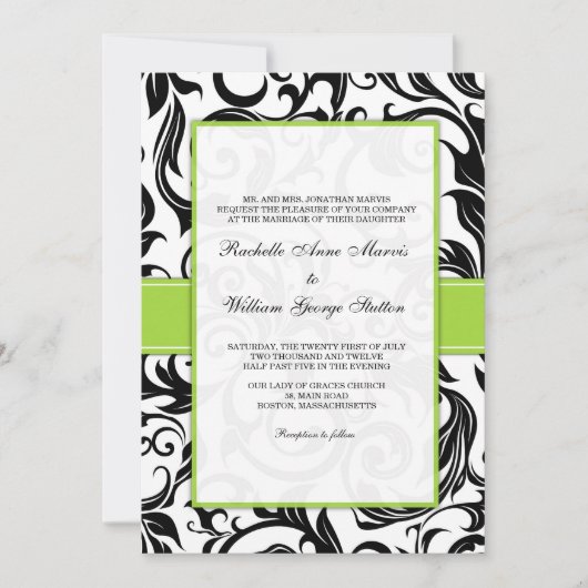 Faire-part de mariage Black Swirl avec vert (Devant)