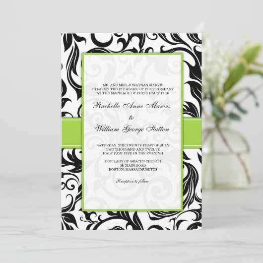 Faire-part de mariage Black Swirl avec vert (Debout devant)
