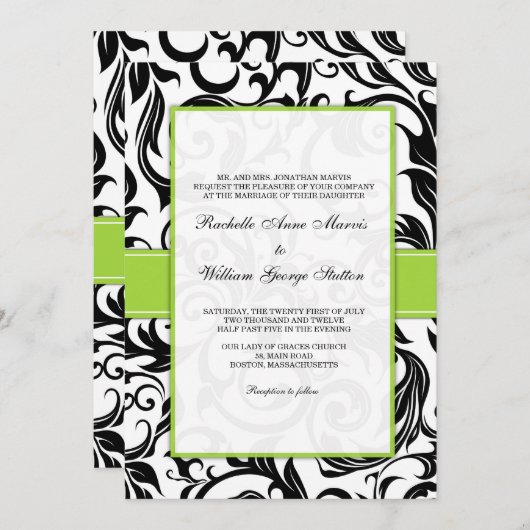 Faire-part de mariage Black Swirl avec vert (Devant / Derrière)